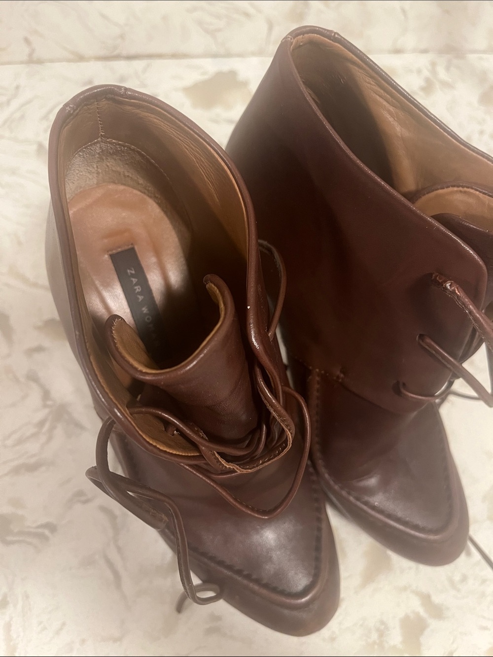 Zara Brown Leather Pointed-Toe Lace-Up Heeled Boots